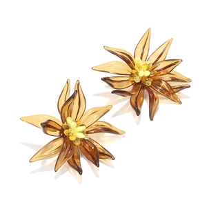 Handcrafted amber resin 3D flower earrings with beaded centers on a white background