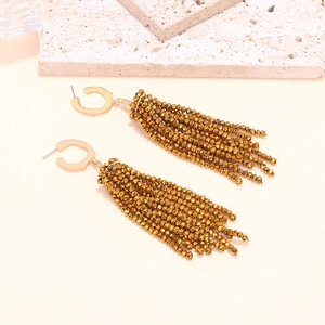 Elegant long gold beaded tassel earrings for women in a luxury bohemian style jewelry