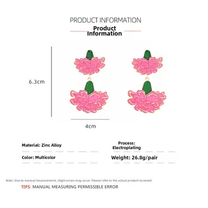 Detailed size specifications for pink enamel carnation drop earrings with gold plating