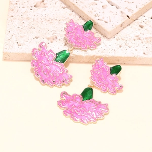 Pink enamel carnation drop earrings with gold metal accents and green leaf detailing