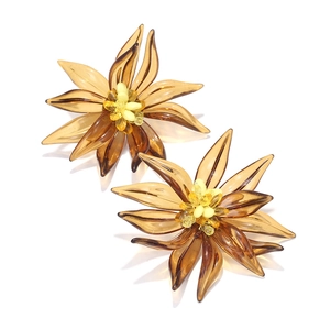 Chic 3D beaded flower earrings in amber resin with yellow stamen for women
