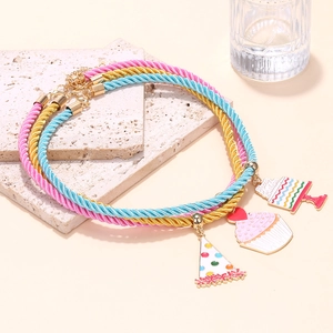 Three-piece festive layered rope necklace set with colorful enamel birthday pendants