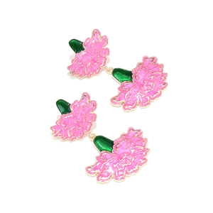 Fashionable enamel carnation drop earrings with pink petals and green leaves for women