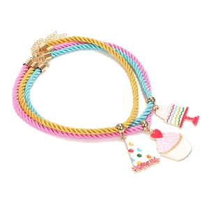 Three-piece birthday cake and hat charm layered necklaces set with colorful braided ropes