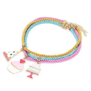Three-piece birthday necklace set with cake and heart pendants on colorful twisted cords