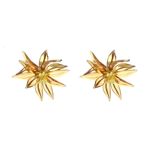 Elegant beaded 3D flower earrings in amber gradient resin with a minimalist white background