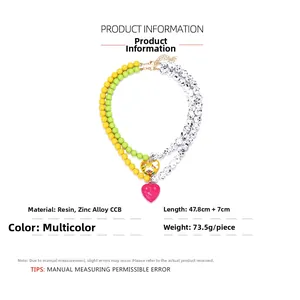 Detail view of colorful resin bead necklace with heart pendants, length 47.8cm plus 7cm