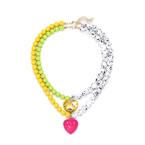 Bohemian double-layer beaded necklace with vibrant enamel heart pendants and splattered beads