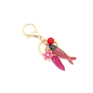 Porte-clés poisson tropical et fleur en émail avec mousqueton doré et perle rouge