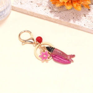 Porte-clés carpe koi créatif avec breloques fleur et feuille en émail doré brillant