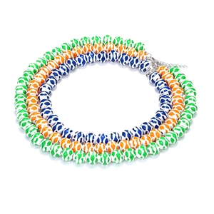 Three gradient geometric beaded necklaces in green, orange, and blue with lobster clasp