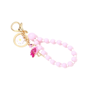 Porte-clés perles roses avec pendentif flamant rose et fermoir doré pour femmes