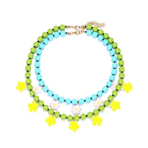 Bohemian Colorful Resin Beaded Necklace And Enamel Alloy Flower Pendant Layered Sweet Floral Jewelry For Women