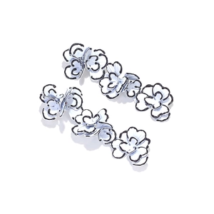 Modern white enamel floral drop earrings with black outline and triple flower design