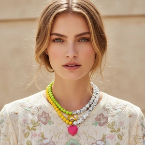 Double Layer Beaded Necklace Heart Pendants Enamel Floral Resin Acrylic Beads Bohemian Holiday Jewelry For Women