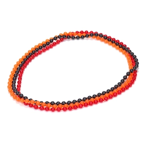 Three-strand beaded necklace with vibrant red, orange, and black polished round beads