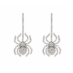Gothic silver spider drop earrings with sparkling rhinestones for Halloween fashion