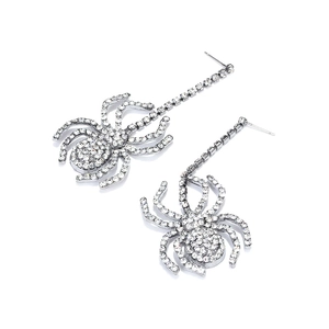 Glittering silver spider drop earrings with sparkling rhinestones for Halloween fashion