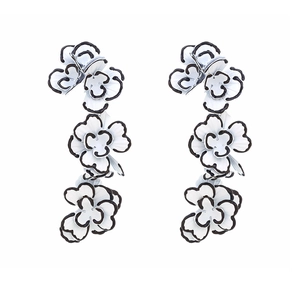 Statement black and white triple layered floral drop earrings with retro enamel outlines