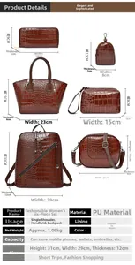Size chart for 6-piece brown crocodile pattern PU leather handbag and backpack set