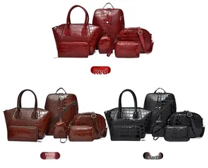 Detail of 6-piece fashion set showing embossed crocodile pattern on PU leather bags