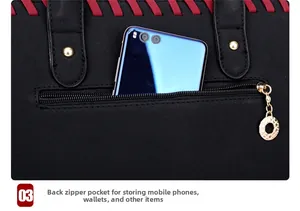 Vue détaillée de la poche zippée arrière du sac à main en cuir noir avec anneau en métal