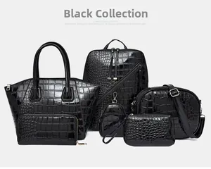 Detailed display of 6-piece black crocodile pattern bag set with various sizes and textures