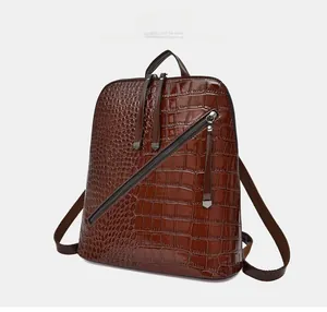 Detail view of the brown crocodile pattern backpack showing the zipper and leather texture