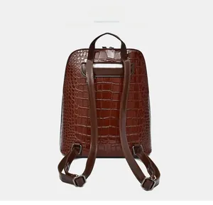Rear view of a shiny brown crocodile embossed leather backpack with adjustable straps