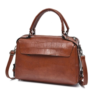 Brown oil wax leather Boston bag with crocodile texture and detachable shoulder strap