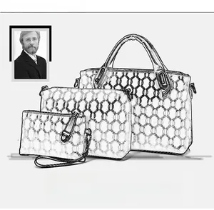 Three-piece handbag set design manuscript with chain-link pattern showing tote and clutch