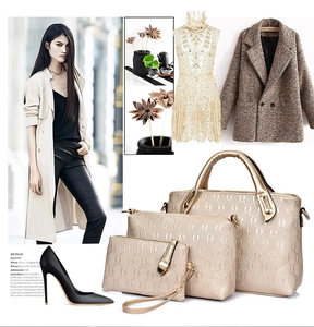 Three-piece champagne gold handbag set with geometric textured leather and metal handles