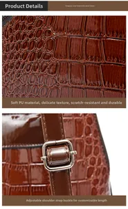 Close-up of dark brown crocodile texture PU leather and silver metal strap buckle detail