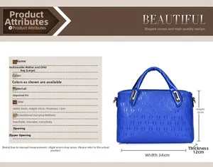 Detailed size parameters for blue PU leather tote bag with dimensions and features