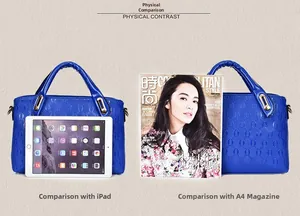 Blue tote bag size comparison with A4 magazine and iPad showing chain embossed texture