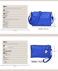 Size chart showing blue PU leather handbag and clutch with circular embossed pattern