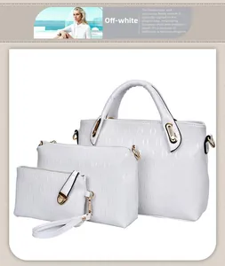 Three-piece off-white handbag set with textured chain pattern and golden hardware details