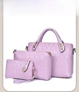 Detailed view of 3-piece lotus root purple tote set with diamond embossed chain pattern