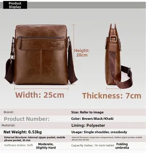 Detailed size specifications of the brown men's vertical crossbody bag showing 25x28x7cm dimensions
