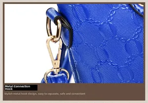 Detail of blue textured faux leather bag showing gold-toned metal connector hook