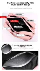 Detail showing waterproof dry wet separation pocket and shoes compartment in pink gym bag