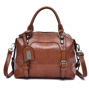 Vintage Boston Handbag Women Large Capacity Oil Wax PU Leather Top Handle Shoulder Bag Removable Strap Retro Style