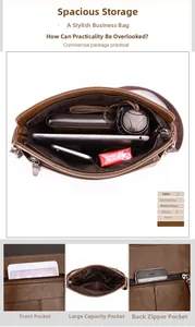 Detailed views of brown PU leather bag compartments with multi-pocket storage capacity