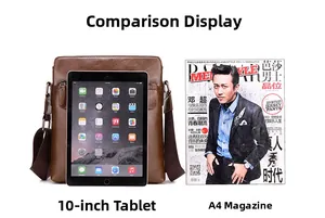 Brown leather crossbody bag showing capacity for a 10-inch tablet and A4 magazines