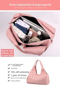 Pink large capacity sports bag showing interior storage compartments and side profile view