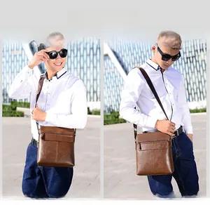 Brown leather crossbody bag for men shown in single-shoulder and cross-body wearing styles
