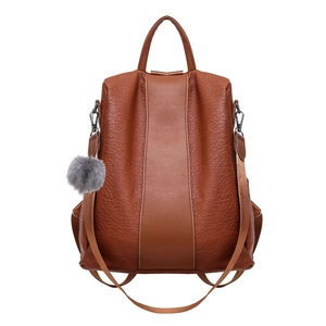 Women's Backpack PU Leather Litchi Texture Anti Theft Back Zipper Fashion Shoulder Handbag With Fur Ball Pendant Ladies