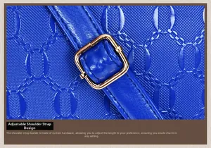 Macro detail of royal blue textured leather strap with adjustable gold buckle hardware