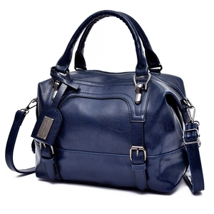 Deep blue oil wax leather Boston handbag with detachable strap and large capacity