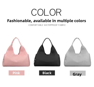 Waterproof large capacity fitness bags in pink, black, and gray with shoe compartment